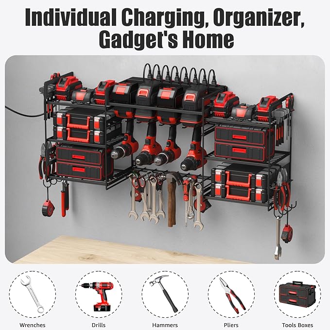 CCCEI Black Power Tool Organizer Wall Mount, Large Tools and Battery Storage Rack Charging Station Individual Switches. Drills Holder, Garage Utility Shelves with 10FT Power Strip. Gift for Men.