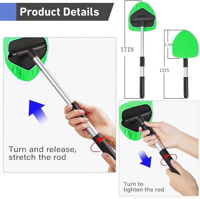 desin Windshield Cleaning Tool, Car Window Cleaner Windshield Cleaner with 4 Reusable and Washable Microfiber Pads and Extendable Handle Auto Inside Glass Wiper