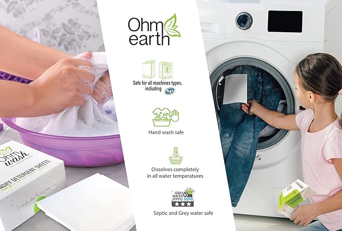 Ohm Earth’s Wash Laundry Detergent Sheets Hypoallergenic & Dye-Free Liquidless Detergent, Fast Dissolving Concentrated Strips Ideal for Sensitive Skin, 50 count (up to 100 Loads) Spring Breeze