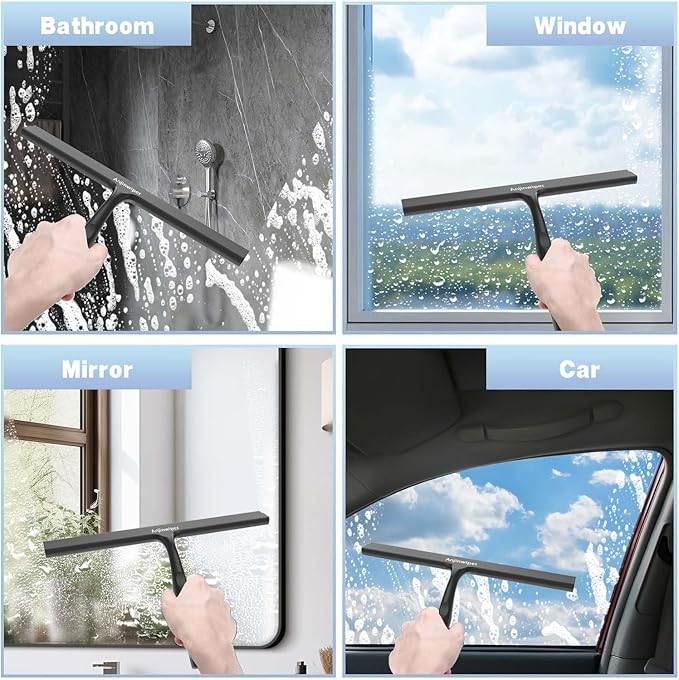 Household Squeegee for Shower Glass Doors, All-Purpose Squeegee with Adhesive Hook, Bathroom Cleaner Tool for Glass Door, Tile Wall, 10 inch, Black