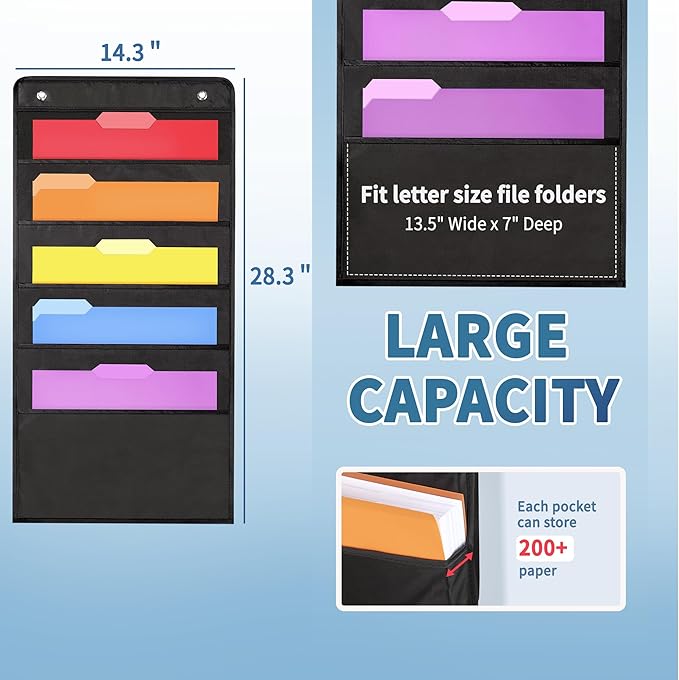 Annecy 5 Pockets Hanging Wall File Organizer, Black Storage Pocket Chart for File Folder and Paper, Space Saver for Office and Classroom, with Wall Hangers, Over The Door Hooks, Labels