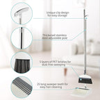 Broom with Dustpan Combo Set, 2 in 1 Broom and Dustpan Set with Long Handle, Upright 180° Rotating Broom with Brush and Lightwight Dust Pans for Home Kitchen Room Office Lobby Floor Cleaning，White