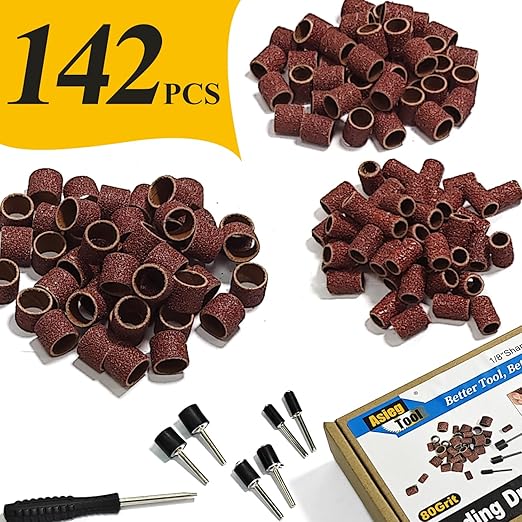 Asieg Tool Sanding Drum Kit 142Pcs 80Grit, 1/2" & 3/8" & 1/4" Diameter Drum Sanding Band with 3.17mm Shank Mandrels for Drill Dremel Rotary Tools Nails Drill