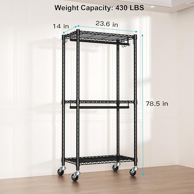 P3 Mini Rolling Clothes Rack, Clothing Racks for Hanging Clothes, Heavy Duty Garment Rack with Wheels, Freestanding Portable Closet Rack 23.6'' W x 14'' D x 78.5'' H, Max Load 430 Lbs, Black