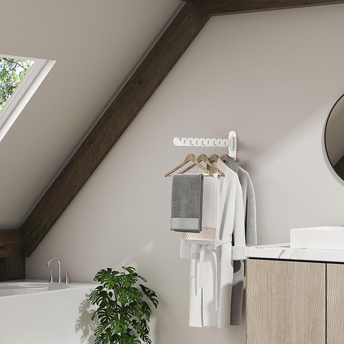 Wall Mounted Clothes Hanger Rack Foldable Drying Rack Hook Folding Indoor for Laundry Room Organization Bedroom Collapsible Racks Perfect for Small Spaces, 8 Hole White 2 Packs