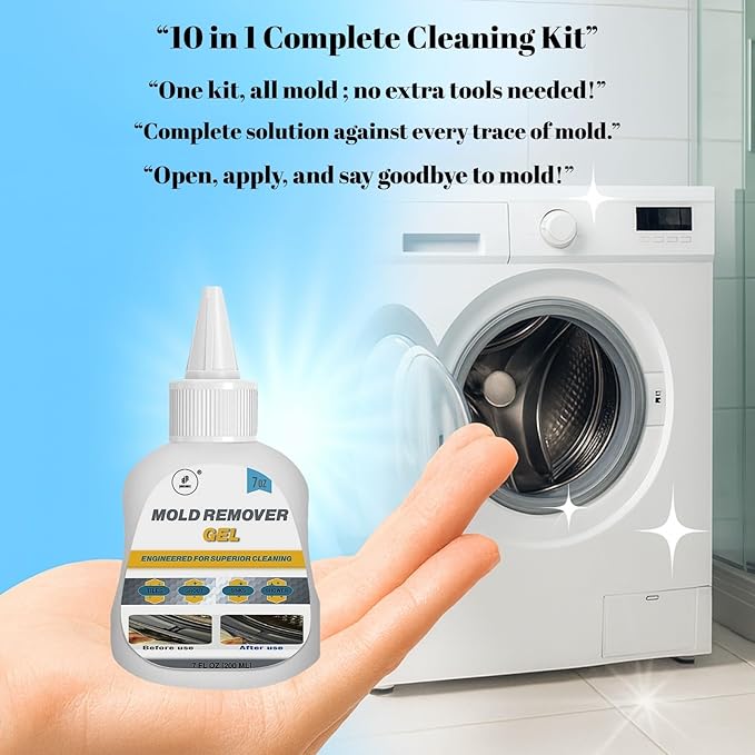 Mold Stain Remover Gel Kit - 14 FL Oz - 10 in 1 Premium Cleaning Set - Powerful Cleaner for Washing Machine, Tile, Shower, Kitchen Sink, Bathroom, Toilet - Cleaning Brushes, Cloth and Gloves