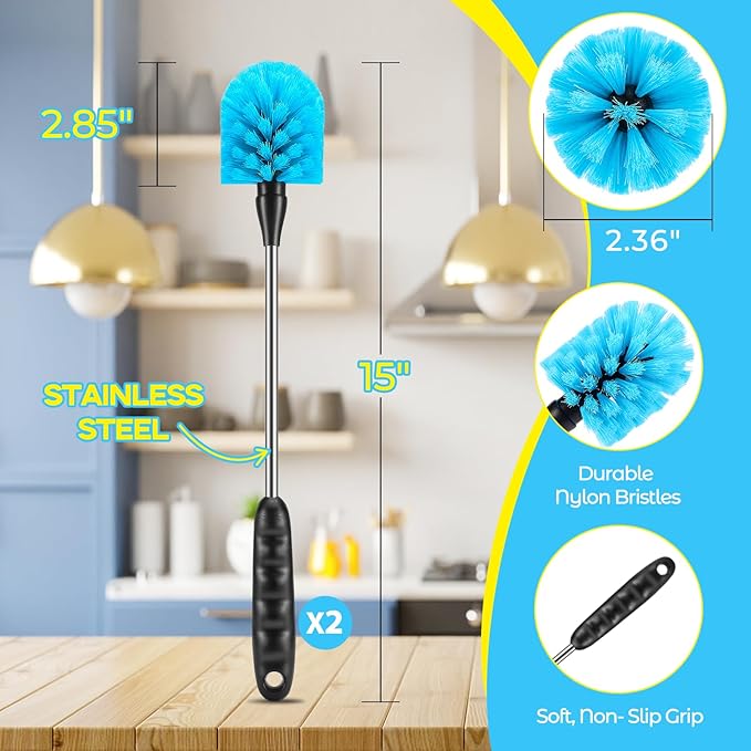 5 Pack Bottle Cleaning Brush Set, Stainless Steel Scrub Cleaner Brush with 15'' Long Handle and 3 Straw Brushes, Flexible for Cleaning Sport Water Bottles, Straws, Coffee Mug, Cups, Baby Bottle