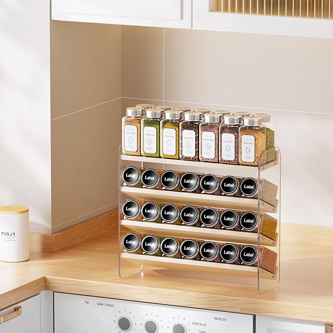 MUDEELA Clear Spice Rack Organizer for Cabinet, 4 Tiered Vertical Spice Shelf, Wooden Seasoning Organizer for Countertop, Kitchen, Pantry, Freestanding, 13.3" W × 11.2" H (No Jars Included)