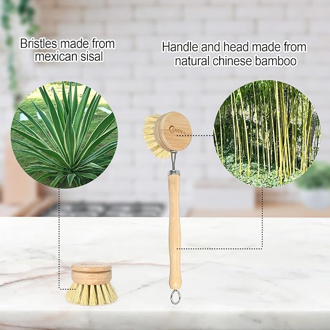 Bamboo Dish Brush with Handle - 4 Replacement Heads, Eco Soft Bristles Vegetable Scrubber, Compostable & Sustainable Dish Scrub Brush for Cleaning Kitchen Utensils