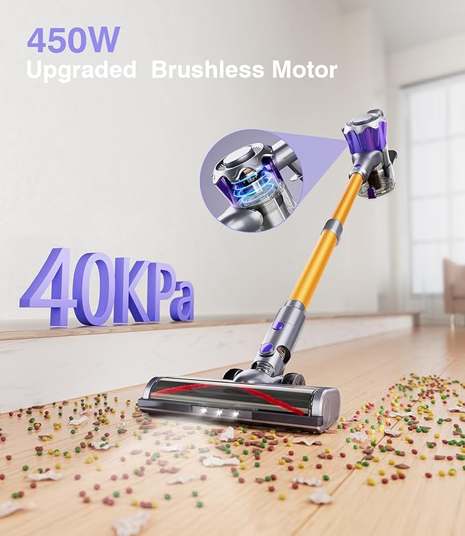 Cordless Vacuum Cleaner, 450W 40Kpa Powerful Stick Vacuum, Up to 50Mins Rechargeable Battery, Vacuum Cleaners for Home Anti-Tangled Lightweight Handheld for Hardwood Floor, Carpets, Pet Hair