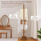 Coat Rack Freestanding Clothing Rack with Wheels & 2 Shelves Storage & 5 Hooks Heavy Duty Clothes Rack Wood Coat Tree Stand Hat Hanger Rack for Corner Bedroom Entryway Living Room Hotel Size L