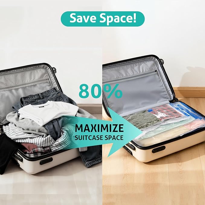 8 Pack Travel Vacuum Storage Bags 4 Size(24/28/32/40 Inch), Portable Vacuum Seal Bags for Clothing Travel with Pump, Space Saver Bag for Luggage Suitcases Clothes Bedding Seasonal Storage