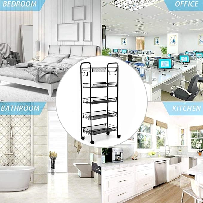 JANE EYRE 5-Tier Rolling Utility Storage Rack Cart on Wheels, Trolley Craft cart, Multi-Purpose Organizer Shelf, Black