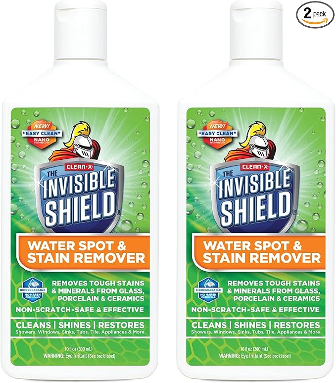 Invisible Shield Water Spot & Stain Remover Scrub 10 fl. oz. Removes Hard Water Spots and Soap Scum from Glass and Multi Surface by UNELKO- Clean-X Invisible Shield 2 Pack