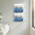 Bathroom Rolled Towel Rack: 4-Tier Wall Mounted Towel Storage Holder, Hanging Organizer for Towels, Blankets, Large Bath Sheets, Space Saving in RV, Closet, Toilet, Cabinet, Silver