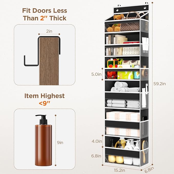 Over The Door Organizer, 6 Shelf Door Hanging Organizers with 6 Large Capacity Pockets, Behind Door Storage Hanging Shelves for Closet Wall Bathroom Bedroom Nursery