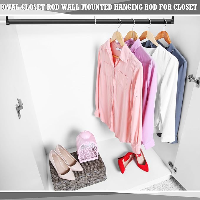 Tandefio Chrome Closet Rod 92 Inch with Oval Closet Rod 6 End Supports for Laundry Room Hanging Clothes Waterproof Shower for Curtains(Black,2 Sets)