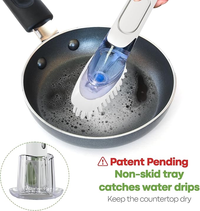 RIMAY Dish Brush with Soap Dispenser Storage Set, Soap Dispensing Dish Brush with 2 Pcs Brush Refills & Holder, Kitchen Dish Washing Wand with Handle for Dishes/Pans/Pots/Sink (White)