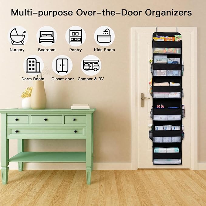WishJazz Over the Door Organizer, 6 Shelf Hanging Organizer, Anti Tilt 50lbs Back of Door Storage for Bathroom, Nursery, Pantry, Baby Essentials
