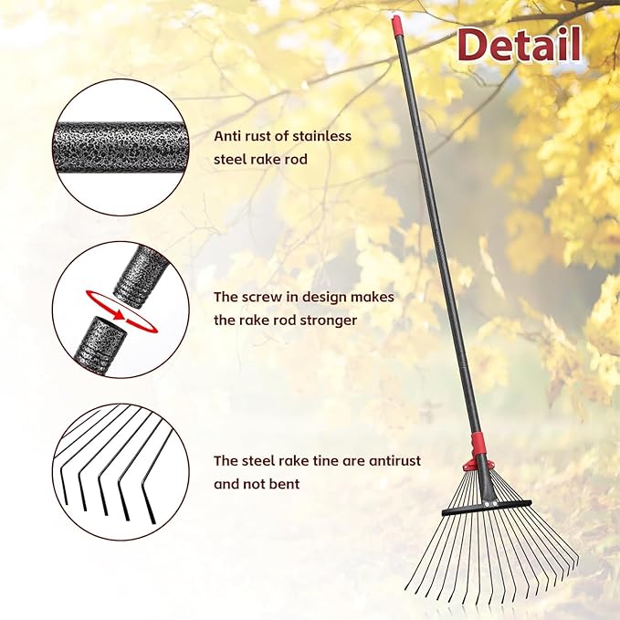61 Inch Rake for Leaves , Adjustable 18 Tines with Expandable Head 9-18in Grass Rake Heavy Duty Metal Rakes for Women Children Yard Gardener Gardening Grass Debris Lawns