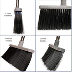 BristleComb Outdoor Broom & Dustpan Set Upright, 49" Long Adjustable Broom, Long Handle, Self-Cleaning Comb & 2 Interchangeable Heads of Different Stiffness - Medium and Coarse