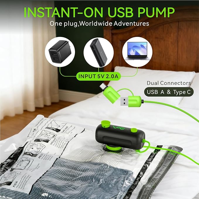 Vacuum Bags for Travel - USB Electric Pump, 12 Pack Carry-on Size Vacuum Seal Bags for Clothing - Space Saver Vacuum Storage Bags for Luggage, Travel Essentials.
