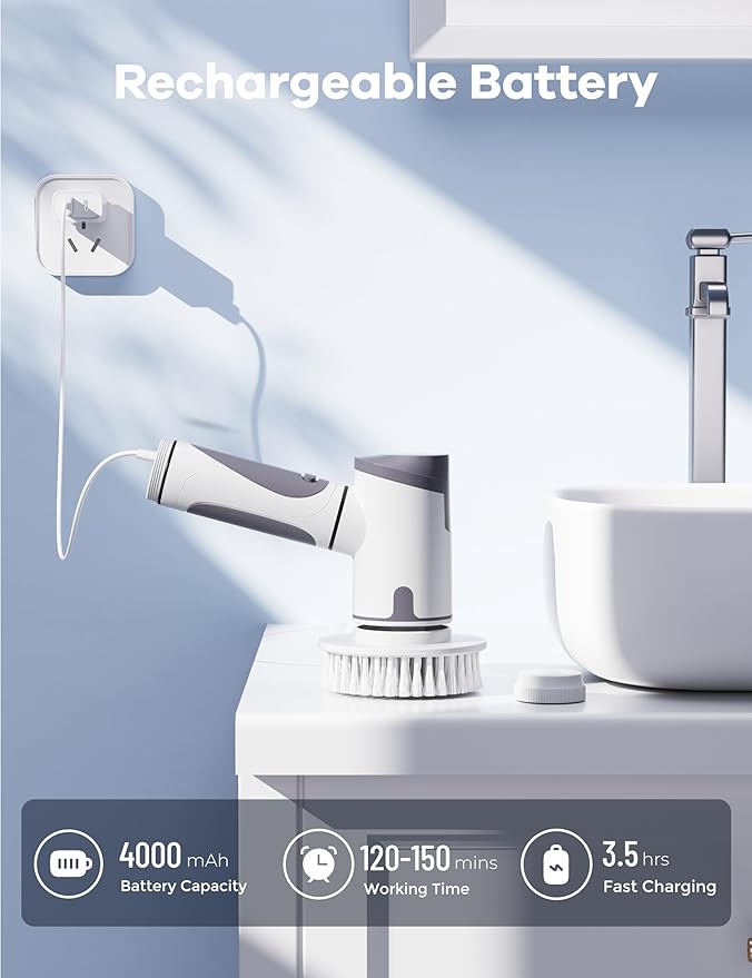 Electric Spin Scrubber,Power Scrubber Dual Speeds Cordless Shower Scrub Brush with Handle,Cleaning Brush with IPX7 Waterproof,8 Brush Heads for Kitchen,Tile,Tub (Short Purple)