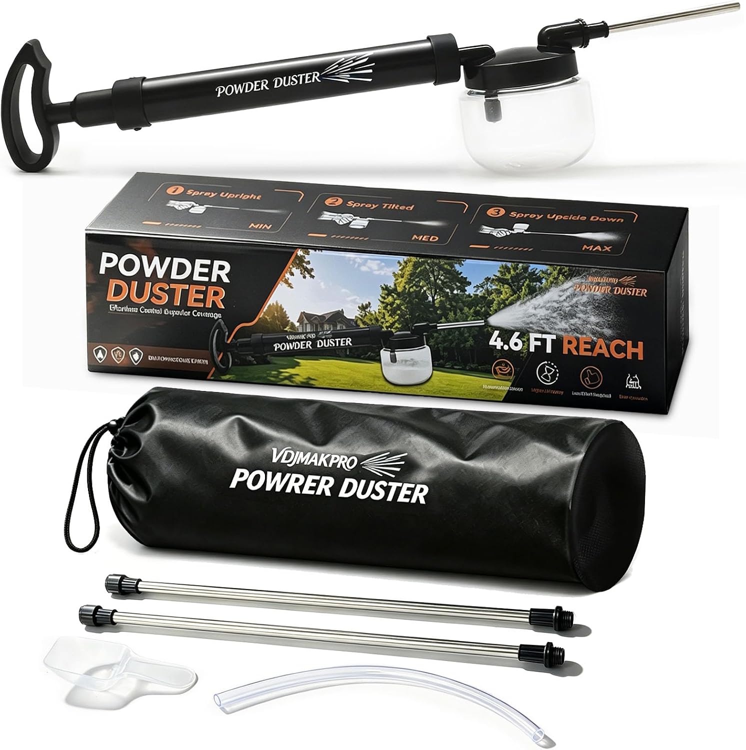 Diatomaceous Earth Powder Duster, 4.6 FT Adjustable Length Pump Applicator with Adjustable Powder Flow, Portable Dispenser & Sprayer for DE Dust Application