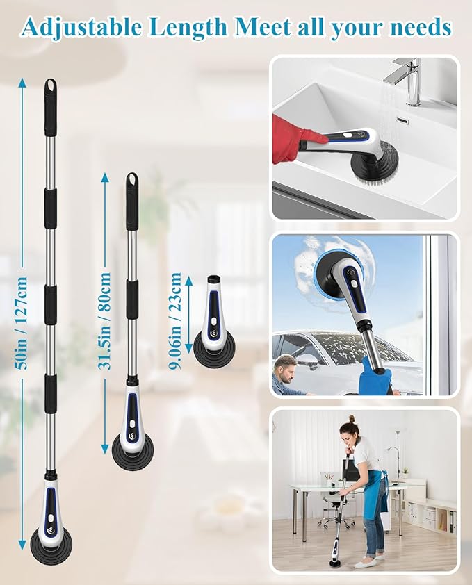 Electric Spin Scrubber, Rocfinity Cordless Cleaning Brush with 9 Brush Heads, 3 Adjustable Speeds and Extension Handle for Bathtub, Kitchen, Window,Full-Body IPX7 Waterproof Bathroom Cleaner Brush