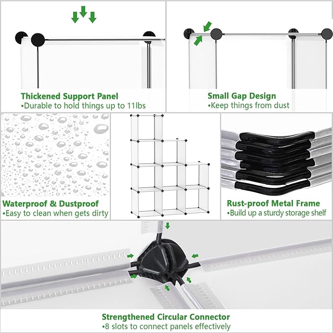 C&AHOME Cube Storage, 9-Cube Plastic Closet Cabinet Organizer, DIY Stackable Bookshelf, Modular shelving Units Ideal for Home, Office, Kids Room, 36.6"L x 12.4" W x 48.4" H Translucent White SBTM3009A