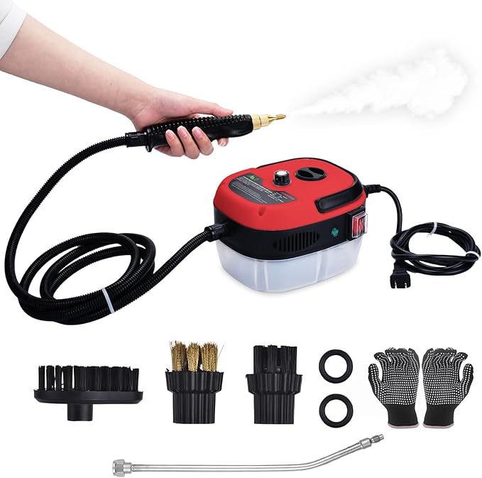 Handheld Steam Cleaner, 2500W Hand-Held High Pressure Portable Cleaning Machine with 3 Brush, High Temperature Steamer for Home Use, Kitchen, Furniture, Bathroom, Car (Red)