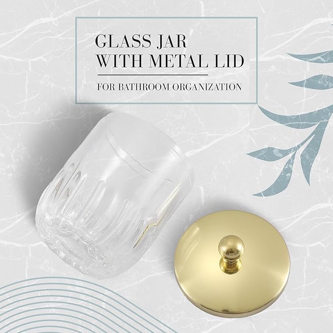 Clear Transparent Apothecary Vertical Wavy Glass Jar With Gold Metal Lid Cover for Bathroom Organization, Cotton Balls, Q Tips, and Small Accessories, Bathroom Storage