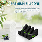 Silicone Soap Dish with Drain, Upgrade Double Suction Cups at The Bottom for Anti-Slip and Stability, Soap Dish Shower Waterfall Bar Soap Holder Tray with Drain Soap Holder (1, Black)