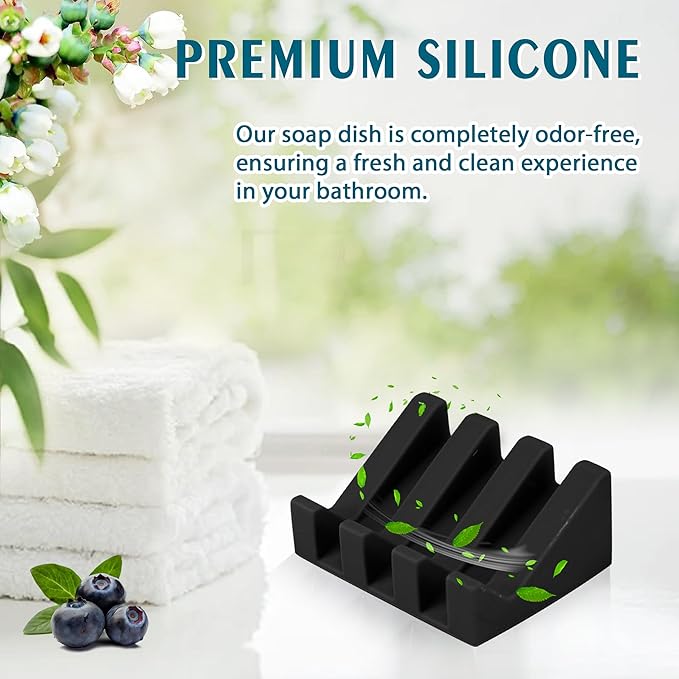 Silicone Soap Dish with Drain, Upgrade Double Suction Cups at The Bottom for Anti-Slip and Stability, Soap Dish Shower Waterfall Bar Soap Holder Tray with Drain Soap Holder (1, Black)
