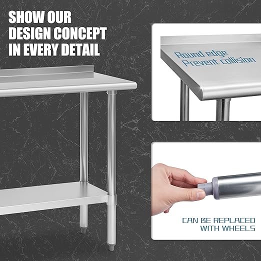 Hally Stainless Steel Table for Prep & Work 18 x 48 Inches, NSF Commercial Heavy Duty Table with Undershelf and Backsplash for Restaurant, Home and Hotel
