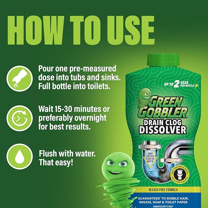 Green Gobbler Drain Clog Dissolver, Drain Opener-Cleaner ,Toilet Clog Remover, 31 oz