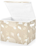 Large Storage Bins with Linen Collapsible Foldable Storage Cubes Fabric Closet Organizer Containers box with Flip-Top Lid for Home Bedroom Office 16.7 x 12.6 x 11.8in (White Line Leafs Ink Beige)