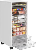 WOPITUES Plastic Storage Drawer Cart, Makeup Organizer and Storage with 10 Large Clear Drawers, Utility Wooden Rolling Cart on Wheels, for Cosmetic, Art Craft, Parts, Office Supplies, Toy, White
