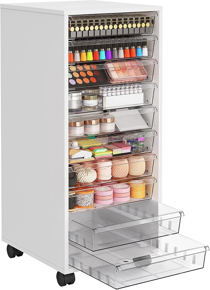 WOPITUES Plastic Storage Drawer Cart, Makeup Organizer and Storage with 10 Large Clear Drawers, Utility Wooden Rolling Cart on Wheels, for Cosmetic, Art Craft, Parts, Office Supplies, Toy, White