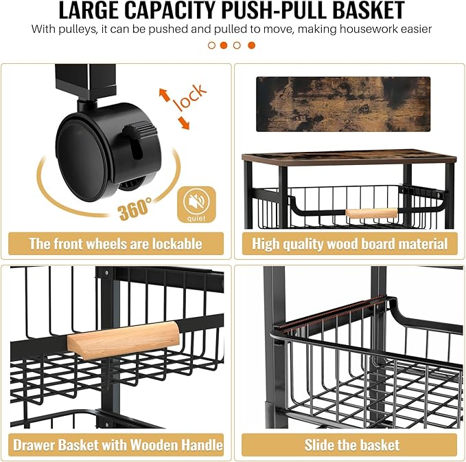 5-Tier Rolling Utility Cart, Kitchen Storage Cart with Wheels, Large Capacity Utility Cart with Wooden Tabletop & Mesh Baskets for Kitchen, Bathroom, Laundry Room