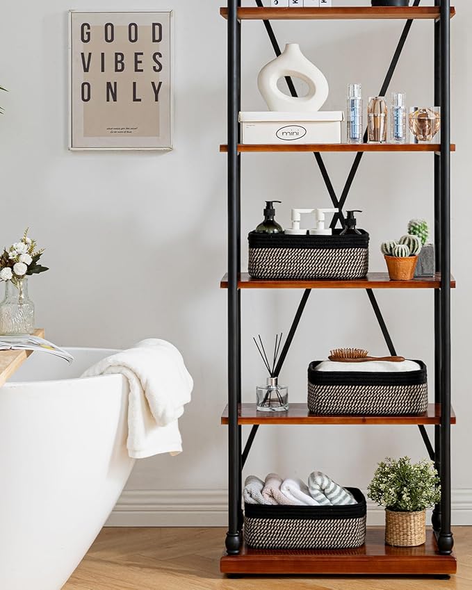 Small Woven Basket, 12 x 8 x 4.5 Inches, Storage Basket for Organizing, Cute Small Rope Shelf Closet Cube Storage Bins Baskets for Shelves, Dog Toy Gift Baskets Empty, 3 Pack Black & Brown