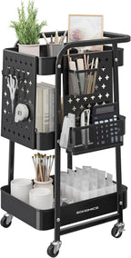 SONGMICS 3-Tier Storage Cart, Rolling Utility Cart, Metal Mesh Shelves, 2 Removable Pegboards, 2 Hanging Holders, 4 Hooks, Craft Cart for Living Room, Kitchen, Office, Bathroom, Ink Black ULRC037B01