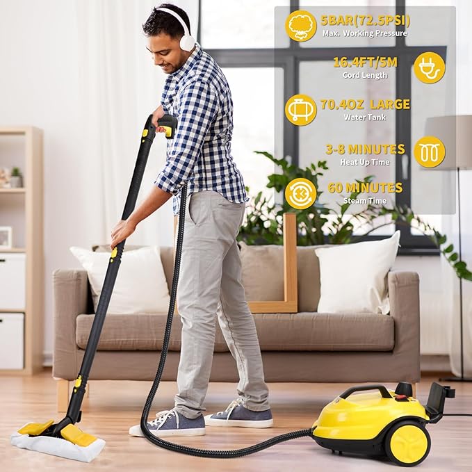 Steam Cleaner, 2000W Portable Household Steamer, 20 Accessories Included Multipurpose Steam Cleaner for Floors, Appliances,Kitchen,Playground,Car (Yellow)