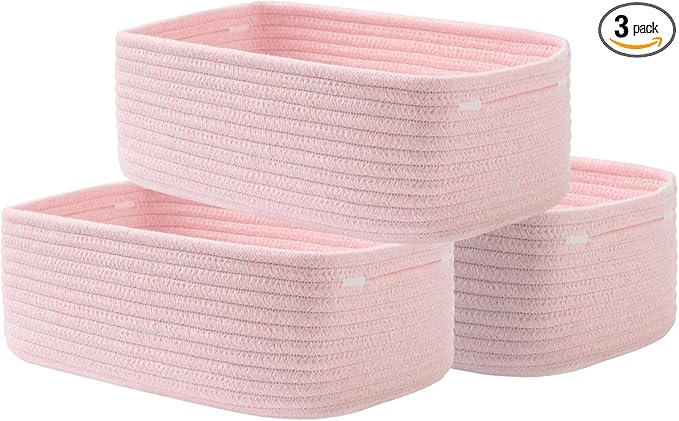 Small Woven Basket, 12 x 8 x 4.5 Inches, Storage Basket for Organizing, Cute Small Rope Shelf Closet Cube Storage Bins Baskets for Shelves, Dog Toy Gift Baskets Empty, 3 Pack Light Pink