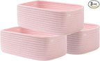 Small Woven Basket, 12 x 8 x 4.5 Inches, Storage Basket for Organizing, Cute Small Rope Shelf Closet Cube Storage Bins Baskets for Shelves, Dog Toy Gift Baskets Empty, 3 Pack Light Pink