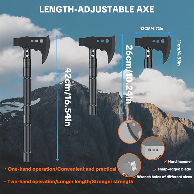 Jbox Shovel Axe Set, High Carbon Steel Folding Shovel with Adjustable 19.2-37.8 Inch Handle, Multi-Tool for Camping, Hiking, Cycling & Emergency, Includes Headlamp, Tactical Outdoor Gear