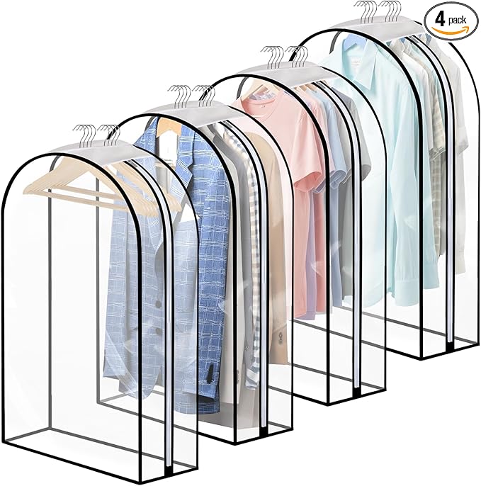 Dntorx 4 Pack Full Clear Garment Bags with Side Zipper, 50" Clothes Covers with 10" Gusset, Transparent Hanging Suit & Coat Covers for Closet Storage, Jackets, Dresses, Windbreakers