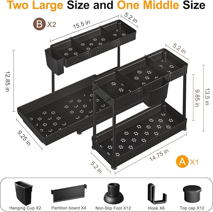 3 Pack Multi-Purpose Under Sink Organizers and Storage, 2025 L-Shaped Pull Out Cabinet Organizer for Bathroom & Kitchen, Under Cabinet Organizer with Hooks Hanging Cup, Black