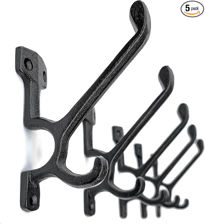 Ambipolar 5 Pack Decorative Cast Iron Heavy Duty Double Hooks, Wall Mounted Coat Hooks, Vintage Inspired (Antique Black) (Type-7 Type)