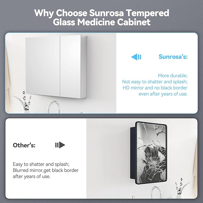 Sunrosa Medicine Cabinet with Mirror, 36" W x 31.5" H, 2 Asymmetrical Doors, Wall-Mounted & Recessed Bathroom Medicine Cabinet with Tempered Glass Mirror